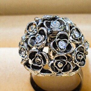 Vintage Silver Roses Bouquet Rhinestone Cluster Statement Ring-Rare Find